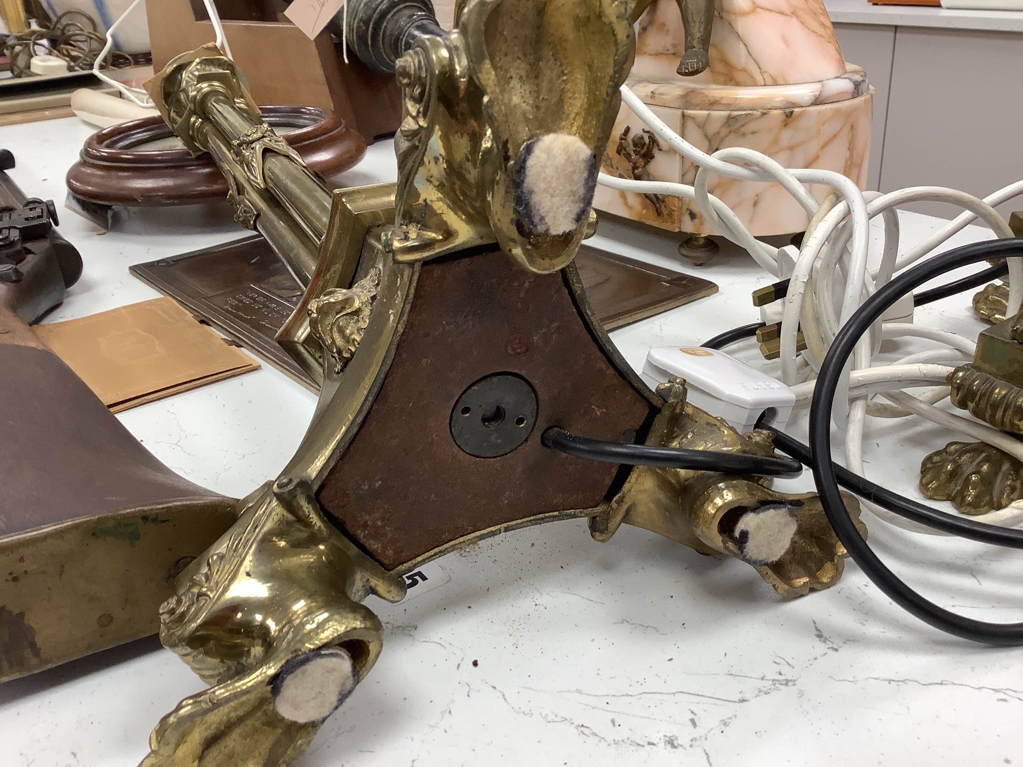 A pair of French brass cluster column table lamps, 54cm high